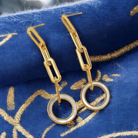 🆕️18K Gold Plated Shell Inlay Dangle Earrings Modern & Elegant Geometric Design - Picture 1 of 12